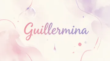 Guillermina horizontal diseño 7 - Diseño abstracto en acuarela sobre fondo crema, con manchas fluidas y etéreas en rosa pastel y lila, líneas curvas que aportan movimiento, pequeñas gotas salpicadas cayendo verticalmente y una burbuja translúcida en la parte superior izquierda. El nombre resalta al centro con una tipografía cursiva amplia y elegante en degradado rosa a morado.