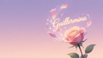 Guillermina horizontal diseño 8 - Fondo de Pantalla con degradado suave que transiciona de lila en la parte superior a melocotón y rosa pastel en la base, destacando una rosa rosada hiperrealista con tallo y hojas verdes. El nombre brilla en tipografía cursiva con efecto neón cálido, adornado con pétalos cayendo y chispas de luz mágica.