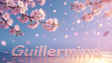Guillermina horizontal diseño 9 - Composición serena y onírica con ramas de cerezo en flor (sakura) en la parte superior contra un cielo en degradado de azul suave y lila. Pétalos de color rosa pastel flotan delicadamente en el aire cayendo hacia una superficie de agua tranquila y cristalina. En el centro inferior, el nombre está formado por pétalos de flores con un sutil efecto de relieve 3D y tipografía floral, reflejándose sobre el agua que está iluminada por un cálido destello dorado de luz solar en la esquina inferior derecha.