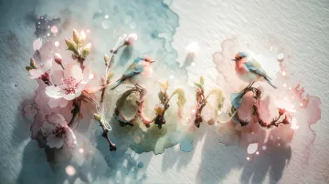 Hanna horizontal diseño 11 - Un delicado diseño de estilo acuarela digital que combina una tipografía de caligrafía personalizada para el nombre en tonos dorados y rosados suaves, adornada con pequeñas hojas y brotes. Un pajarito azul y naranja vibrante está posado en una de las letras. Todo está rodeado por un marco circular de ramas de cerezo en flor con delicadas flores rosadas y blancas. El fondo es un lavado de acuarela difuminado en tonos pastel suaves de azul cerceta, rosa rubor y melocotón sobre una textura de papel rugoso, con destellos luminosos y motas de luz bokeh flotando alrededor, creando una atmósfera mágica y soñadora. Las sombras suaves proyectadas añaden profundidad.