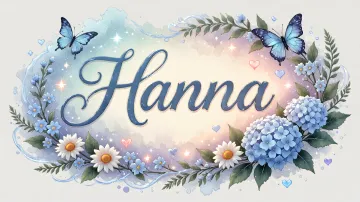 Hanna horizontal diseño 4 - Composición magica con nombre en letra cursiva azul, rodeado de hortensias azules, margaritas blancas y delicadas flores silvestres, enmarcado por suaves remolinos de agua, mariposas azules y destellos estelares sobre un fondo etéreo y romántico.