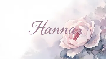 Hanna horizontal diseño 5 - Nombre en elegante tipografía cursiva caligráfica en tono lavanda, sobre fondo acuarela de cielo nublado en tonos pastel (azul, blanco, lavanda), decorado con rosa en acuarela de pétalos rosa pálido, blanco crema y lilas suaves con hojas en gris-verde.