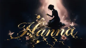 Hanna horizontal diseño 6 - Composición de ilustración semirrealista cinematográfica con silueta femenina tejiendo un hilo dorado de luz sobre un suelo oscuro fracturado al estilo Kintsugi, donde el nombre resalta en un prominente guión caligráfico dorado que emerge de las grietas, rodeado de flores blancas, mariposas y un fondo degradado de azules profundos iluminado por una luz celestial en tonos melocotón y crema, con una frase de aliento en tipografía blanca en la parte inferior.