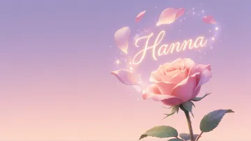 Hanna horizontal diseño 8 - Fondo de Pantalla con degradado suave que transiciona de lila en la parte superior a melocotón y rosa pastel en la base, destacando una rosa rosada hiperrealista con tallo y hojas verdes. El nombre brilla en tipografía cursiva con efecto neón cálido, adornado con pétalos cayendo y chispas de luz mágica.