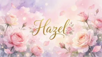 Hazel horizontal diseño 10 - Diseño estilo acuarela con un fondo etéreo y texturizado en nubes de tonos rosa pastel y lila suave. Presenta composiciones de rosas abiertas y capullos en los bordes inferior y superior, con pétalos cayendo delicadamente. Incorpora destellos de luz cálida (efecto bokeh) y, en el centro, resalta una tipografía elegante, cursiva y fluida en color dorado.