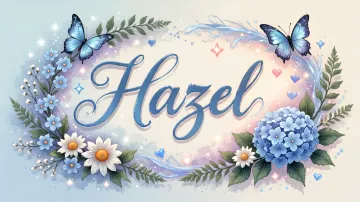 Hazel horizontal diseño 4 - Composición magica con nombre en letra cursiva azul, rodeado de hortensias azules, margaritas blancas y delicadas flores silvestres, enmarcado por suaves remolinos de agua, mariposas azules y destellos estelares sobre un fondo etéreo y romántico.