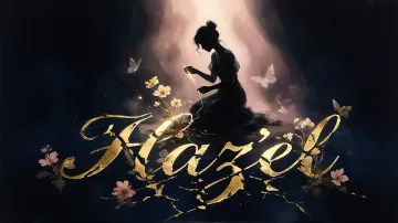 Hazel horizontal diseño 6 - Composición de ilustración semirrealista cinematográfica con silueta femenina tejiendo un hilo dorado de luz sobre un suelo oscuro fracturado al estilo Kintsugi, donde el nombre resalta en un prominente guión caligráfico dorado que emerge de las grietas, rodeado de flores blancas, mariposas y un fondo degradado de azules profundos iluminado por una luz celestial en tonos melocotón y crema, con una frase de aliento en tipografía blanca en la parte inferior.