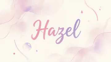 Hazel horizontal diseño 7 - Diseño abstracto en acuarela sobre fondo crema, con manchas fluidas y etéreas en rosa pastel y lila, líneas curvas que aportan movimiento, pequeñas gotas salpicadas cayendo verticalmente y una burbuja translúcida en la parte superior izquierda. El nombre resalta al centro con una tipografía cursiva amplia y elegante en degradado rosa a morado.