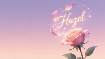 Hazel horizontal diseño 8 - Fondo de Pantalla con degradado suave que transiciona de lila en la parte superior a melocotón y rosa pastel en la base, destacando una rosa rosada hiperrealista con tallo y hojas verdes. El nombre brilla en tipografía cursiva con efecto neón cálido, adornado con pétalos cayendo y chispas de luz mágica.