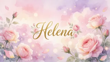 Helena horizontal diseño 10 - Diseño estilo acuarela con un fondo etéreo y texturizado en nubes de tonos rosa pastel y lila suave. Presenta composiciones de rosas abiertas y capullos en los bordes inferior y superior, con pétalos cayendo delicadamente. Incorpora destellos de luz cálida (efecto bokeh) y, en el centro, resalta una tipografía elegante, cursiva y fluida en color dorado.