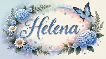 Helena horizontal diseño 4 - Composición magica con nombre en letra cursiva azul, rodeado de hortensias azules, margaritas blancas y delicadas flores silvestres, enmarcado por suaves remolinos de agua, mariposas azules y destellos estelares sobre un fondo etéreo y romántico.