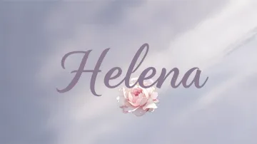 Helena horizontal diseño 5 - Nombre en elegante tipografía cursiva caligráfica en tono lavanda, sobre fondo acuarela de cielo nublado en tonos pastel (azul, blanco, lavanda), decorado con rosa en acuarela de pétalos rosa pálido, blanco crema y lilas suaves con hojas en gris-verde.