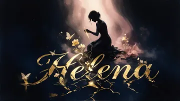 Helena horizontal diseño 6 - Composición de ilustración semirrealista cinematográfica con silueta femenina tejiendo un hilo dorado de luz sobre un suelo oscuro fracturado al estilo Kintsugi, donde el nombre resalta en un prominente guión caligráfico dorado que emerge de las grietas, rodeado de flores blancas, mariposas y un fondo degradado de azules profundos iluminado por una luz celestial en tonos melocotón y crema, con una frase de aliento en tipografía blanca en la parte inferior.