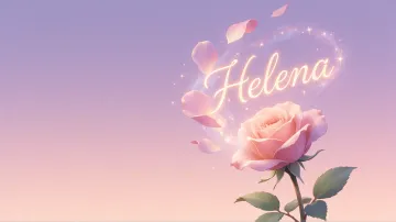 Helena horizontal diseño 8 - Fondo de Pantalla con degradado suave que transiciona de lila en la parte superior a melocotón y rosa pastel en la base, destacando una rosa rosada hiperrealista con tallo y hojas verdes. El nombre brilla en tipografía cursiva con efecto neón cálido, adornado con pétalos cayendo y chispas de luz mágica.