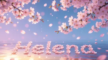 Helena horizontal diseño 9 - Composición serena y onírica con ramas de cerezo en flor (sakura) en la parte superior contra un cielo en degradado de azul suave y lila. Pétalos de color rosa pastel flotan delicadamente en el aire cayendo hacia una superficie de agua tranquila y cristalina. En el centro inferior, el nombre está formado por pétalos de flores con un sutil efecto de relieve 3D y tipografía floral, reflejándose sobre el agua que está iluminada por un cálido destello dorado de luz solar en la esquina inferior derecha.