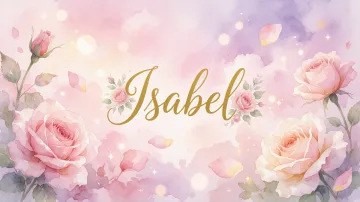 Isabel horizontal diseño 10 - Diseño estilo acuarela con un fondo etéreo y texturizado en nubes de tonos rosa pastel y lila suave. Presenta composiciones de rosas abiertas y capullos en los bordes inferior y superior, con pétalos cayendo delicadamente. Incorpora destellos de luz cálida (efecto bokeh) y, en el centro, resalta una tipografía elegante, cursiva y fluida en color dorado.