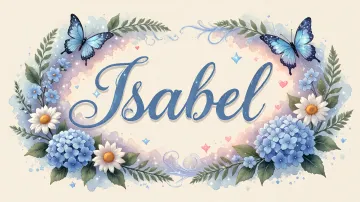 Isabel horizontal diseño 4 - Composición magica con nombre en letra cursiva azul, rodeado de hortensias azules, margaritas blancas y delicadas flores silvestres, enmarcado por suaves remolinos de agua, mariposas azules y destellos estelares sobre un fondo etéreo y romántico.