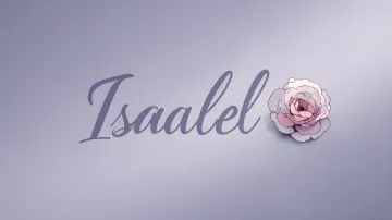 Isabel horizontal diseño 5 - Nombre en elegante tipografía cursiva caligráfica en tono lavanda, sobre fondo acuarela de cielo nublado en tonos pastel (azul, blanco, lavanda), decorado con rosa en acuarela de pétalos rosa pálido, blanco crema y lilas suaves con hojas en gris-verde.