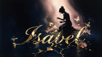 Isabel horizontal diseño 6 - Composición de ilustración semirrealista cinematográfica con silueta femenina tejiendo un hilo dorado de luz sobre un suelo oscuro fracturado al estilo Kintsugi, donde el nombre resalta en un prominente guión caligráfico dorado que emerge de las grietas, rodeado de flores blancas, mariposas y un fondo degradado de azules profundos iluminado por una luz celestial en tonos melocotón y crema, con una frase de aliento en tipografía blanca en la parte inferior.