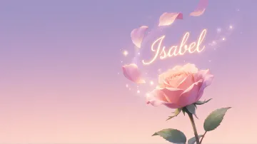 Isabel horizontal diseño 8 - Fondo de Pantalla con degradado suave que transiciona de lila en la parte superior a melocotón y rosa pastel en la base, destacando una rosa rosada hiperrealista con tallo y hojas verdes. El nombre brilla en tipografía cursiva con efecto neón cálido, adornado con pétalos cayendo y chispas de luz mágica.