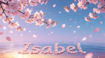 Isabel horizontal diseño 9 - Composición serena y onírica con ramas de cerezo en flor (sakura) en la parte superior contra un cielo en degradado de azul suave y lila. Pétalos de color rosa pastel flotan delicadamente en el aire cayendo hacia una superficie de agua tranquila y cristalina. En el centro inferior, el nombre está formado por pétalos de flores con un sutil efecto de relieve 3D y tipografía floral, reflejándose sobre el agua que está iluminada por un cálido destello dorado de luz solar en la esquina inferior derecha.