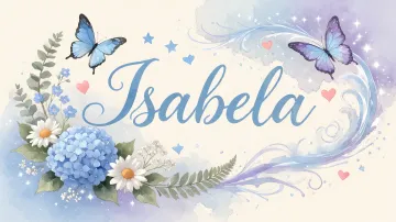 Isabela horizontal diseño 1 - Hortensias azules, flores pequeñas y acuarela suave con mariposas azules y brillo etéreo