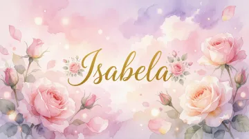 Isabela horizontal diseño 10 - Diseño estilo acuarela con un fondo etéreo y texturizado en nubes de tonos rosa pastel y lila suave. Presenta composiciones de rosas abiertas y capullos en los bordes inferior y superior, con pétalos cayendo delicadamente. Incorpora destellos de luz cálida (efecto bokeh) y, en el centro, resalta una tipografía elegante, cursiva y fluida en color dorado.