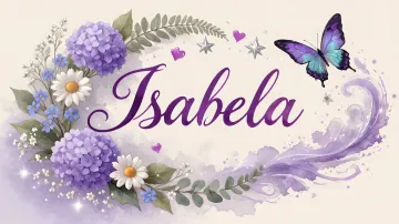 Isabela horizontal diseño 2 - Diseño elegante de hortensias en tonos lila y morados suaves, con volutas estilizadas y una mariposa mística que aporta un toque etéreo y mágico.