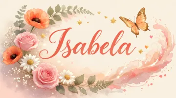 Isabela horizontal diseño 3 - Elegante composición de rosas rosadas y amapolas naranjas con mariposas doradas brillantes sobre un fondo cálido, romántico y mágico.