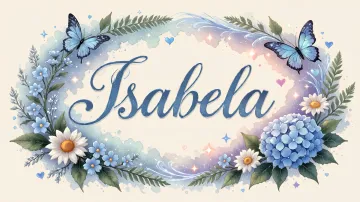 Isabela horizontal diseño 4 - Composición magica con nombre en letra cursiva azul, rodeado de hortensias azules, margaritas blancas y delicadas flores silvestres, enmarcado por suaves remolinos de agua, mariposas azules y destellos estelares sobre un fondo etéreo y romántico.
