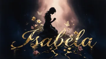 Isabela horizontal diseño 6 - Composición de ilustración semirrealista cinematográfica con silueta femenina tejiendo un hilo dorado de luz sobre un suelo oscuro fracturado al estilo Kintsugi, donde el nombre resalta en un prominente guión caligráfico dorado que emerge de las grietas, rodeado de flores blancas, mariposas y un fondo degradado de azules profundos iluminado por una luz celestial en tonos melocotón y crema, con una frase de aliento en tipografía blanca en la parte inferior.