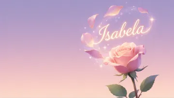 Isabela horizontal diseño 8 - Fondo de Pantalla con degradado suave que transiciona de lila en la parte superior a melocotón y rosa pastel en la base, destacando una rosa rosada hiperrealista con tallo y hojas verdes. El nombre brilla en tipografía cursiva con efecto neón cálido, adornado con pétalos cayendo y chispas de luz mágica.