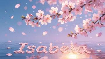 Isabela horizontal diseño 9 - Composición serena y onírica con ramas de cerezo en flor (sakura) en la parte superior contra un cielo en degradado de azul suave y lila. Pétalos de color rosa pastel flotan delicadamente en el aire cayendo hacia una superficie de agua tranquila y cristalina. En el centro inferior, el nombre está formado por pétalos de flores con un sutil efecto de relieve 3D y tipografía floral, reflejándose sobre el agua que está iluminada por un cálido destello dorado de luz solar en la esquina inferior derecha.