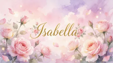 Isabella horizontal diseño 10 - Diseño estilo acuarela con un fondo etéreo y texturizado en nubes de tonos rosa pastel y lila suave. Presenta composiciones de rosas abiertas y capullos en los bordes inferior y superior, con pétalos cayendo delicadamente. Incorpora destellos de luz cálida (efecto bokeh) y, en el centro, resalta una tipografía elegante, cursiva y fluida en color dorado.