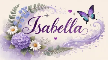 Isabella horizontal diseño 2 - Diseño elegante de hortensias en tonos lila y morados suaves, con volutas estilizadas y una mariposa mística que aporta un toque etéreo y mágico.