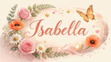 Isabella horizontal diseño 3 - Elegante composición de rosas rosadas y amapolas naranjas con mariposas doradas brillantes sobre un fondo cálido, romántico y mágico.