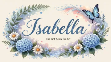 Isabella horizontal diseño 4 - Composición magica con nombre en letra cursiva azul, rodeado de hortensias azules, margaritas blancas y delicadas flores silvestres, enmarcado por suaves remolinos de agua, mariposas azules y destellos estelares sobre un fondo etéreo y romántico.