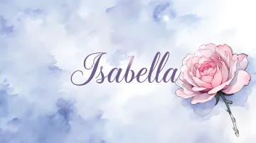 Isabella horizontal diseño 5 - Nombre en elegante tipografía cursiva caligráfica en tono lavanda, sobre fondo acuarela de cielo nublado en tonos pastel (azul, blanco, lavanda), decorado con rosa en acuarela de pétalos rosa pálido, blanco crema y lilas suaves con hojas en gris-verde.
