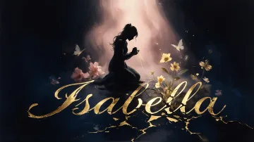 Isabella horizontal diseño 6 - Composición de ilustración semirrealista cinematográfica con silueta femenina tejiendo un hilo dorado de luz sobre un suelo oscuro fracturado al estilo Kintsugi, donde el nombre resalta en un prominente guión caligráfico dorado que emerge de las grietas, rodeado de flores blancas, mariposas y un fondo degradado de azules profundos iluminado por una luz celestial en tonos melocotón y crema, con una frase de aliento en tipografía blanca en la parte inferior.