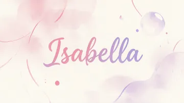 Isabella horizontal diseño 7 - Diseño abstracto en acuarela sobre fondo crema, con manchas fluidas y etéreas en rosa pastel y lila, líneas curvas que aportan movimiento, pequeñas gotas salpicadas cayendo verticalmente y una burbuja translúcida en la parte superior izquierda. El nombre resalta al centro con una tipografía cursiva amplia y elegante en degradado rosa a morado.