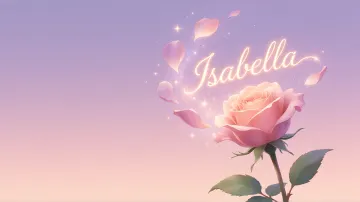 Isabella horizontal diseño 8 - Fondo de Pantalla con degradado suave que transiciona de lila en la parte superior a melocotón y rosa pastel en la base, destacando una rosa rosada hiperrealista con tallo y hojas verdes. El nombre brilla en tipografía cursiva con efecto neón cálido, adornado con pétalos cayendo y chispas de luz mágica.