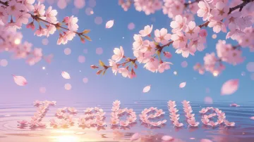 Isabella horizontal diseño 9 - Composición serena y onírica con ramas de cerezo en flor (sakura) en la parte superior contra un cielo en degradado de azul suave y lila. Pétalos de color rosa pastel flotan delicadamente en el aire cayendo hacia una superficie de agua tranquila y cristalina. En el centro inferior, el nombre está formado por pétalos de flores con un sutil efecto de relieve 3D y tipografía floral, reflejándose sobre el agua que está iluminada por un cálido destello dorado de luz solar en la esquina inferior derecha.