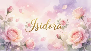 Isidora horizontal diseño 10 - Diseño estilo acuarela con un fondo etéreo y texturizado en nubes de tonos rosa pastel y lila suave. Presenta composiciones de rosas abiertas y capullos en los bordes inferior y superior, con pétalos cayendo delicadamente. Incorpora destellos de luz cálida (efecto bokeh) y, en el centro, resalta una tipografía elegante, cursiva y fluida en color dorado.