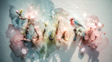 Isidora horizontal diseño 11 - Un delicado diseño de estilo acuarela digital que combina una tipografía de caligrafía personalizada para el nombre en tonos dorados y rosados suaves, adornada con pequeñas hojas y brotes. Un pajarito azul y naranja vibrante está posado en una de las letras. Todo está rodeado por un marco circular de ramas de cerezo en flor con delicadas flores rosadas y blancas. El fondo es un lavado de acuarela difuminado en tonos pastel suaves de azul cerceta, rosa rubor y melocotón sobre una textura de papel rugoso, con destellos luminosos y motas de luz bokeh flotando alrededor, creando una atmósfera mágica y soñadora. Las sombras suaves proyectadas añaden profundidad.