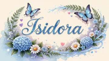 Isidora horizontal diseño 4 - Composición magica con nombre en letra cursiva azul, rodeado de hortensias azules, margaritas blancas y delicadas flores silvestres, enmarcado por suaves remolinos de agua, mariposas azules y destellos estelares sobre un fondo etéreo y romántico.