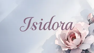 Isidora horizontal diseño 5 - Nombre en elegante tipografía cursiva caligráfica en tono lavanda, sobre fondo acuarela de cielo nublado en tonos pastel (azul, blanco, lavanda), decorado con rosa en acuarela de pétalos rosa pálido, blanco crema y lilas suaves con hojas en gris-verde.