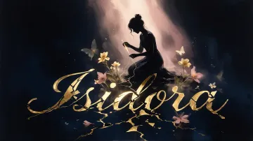 Isidora horizontal diseño 6 - Composición de ilustración semirrealista cinematográfica con silueta femenina tejiendo un hilo dorado de luz sobre un suelo oscuro fracturado al estilo Kintsugi, donde el nombre resalta en un prominente guión caligráfico dorado que emerge de las grietas, rodeado de flores blancas, mariposas y un fondo degradado de azules profundos iluminado por una luz celestial en tonos melocotón y crema, con una frase de aliento en tipografía blanca en la parte inferior.