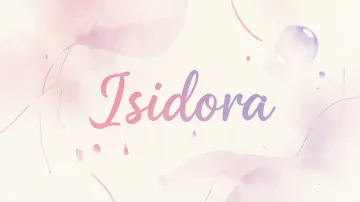 Isidora horizontal diseño 7 - Diseño abstracto en acuarela sobre fondo crema, con manchas fluidas y etéreas en rosa pastel y lila, líneas curvas que aportan movimiento, pequeñas gotas salpicadas cayendo verticalmente y una burbuja translúcida en la parte superior izquierda. El nombre resalta al centro con una tipografía cursiva amplia y elegante en degradado rosa a morado.