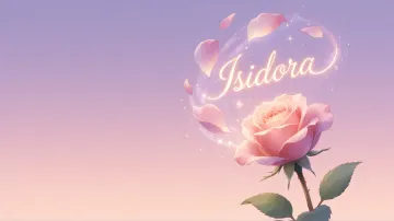 Isidora horizontal diseño 8 - Fondo de Pantalla con degradado suave que transiciona de lila en la parte superior a melocotón y rosa pastel en la base, destacando una rosa rosada hiperrealista con tallo y hojas verdes. El nombre brilla en tipografía cursiva con efecto neón cálido, adornado con pétalos cayendo y chispas de luz mágica.