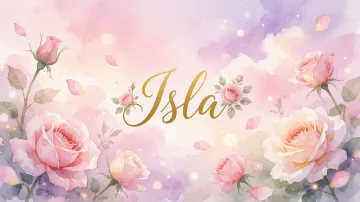 Isla horizontal diseño 10 - Diseño estilo acuarela con un fondo etéreo y texturizado en nubes de tonos rosa pastel y lila suave. Presenta composiciones de rosas abiertas y capullos en los bordes inferior y superior, con pétalos cayendo delicadamente. Incorpora destellos de luz cálida (efecto bokeh) y, en el centro, resalta una tipografía elegante, cursiva y fluida en color dorado.